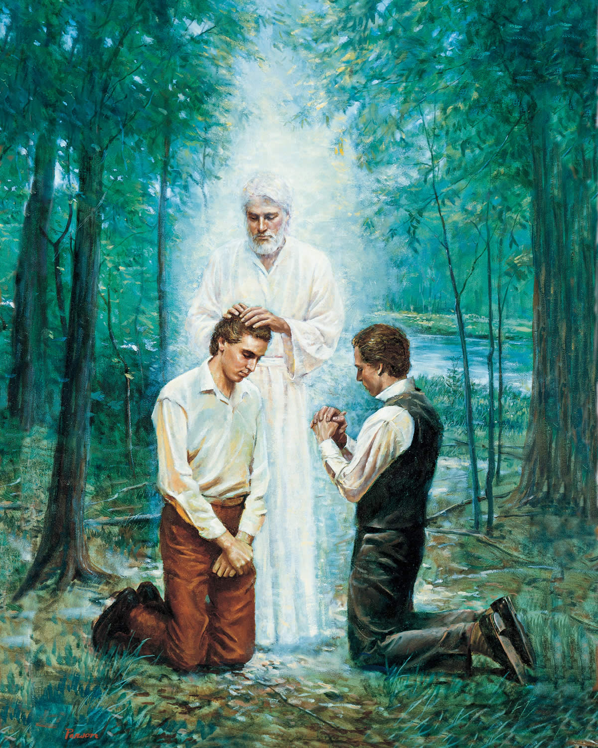 José Smith y Oliver Cowdery reciben el Sacerdocio Aarónico mediante la imposición de manos por parte de Juan el Bautista