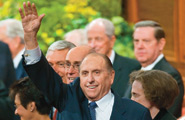 President Monson waving at General Conference